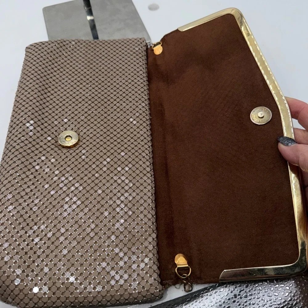 Pelle Italia Vintage Mesh Clutch Handbag Taupe Gold Chain Strap Evening Bag